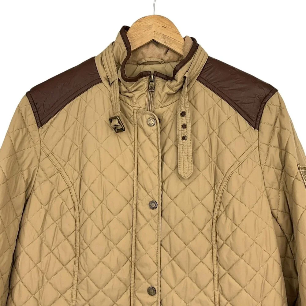 Ralph Lauren Diamond Quilted Barn Jacket Womens L Faux Leather Trim Birch Tan - Picture 2 of 16